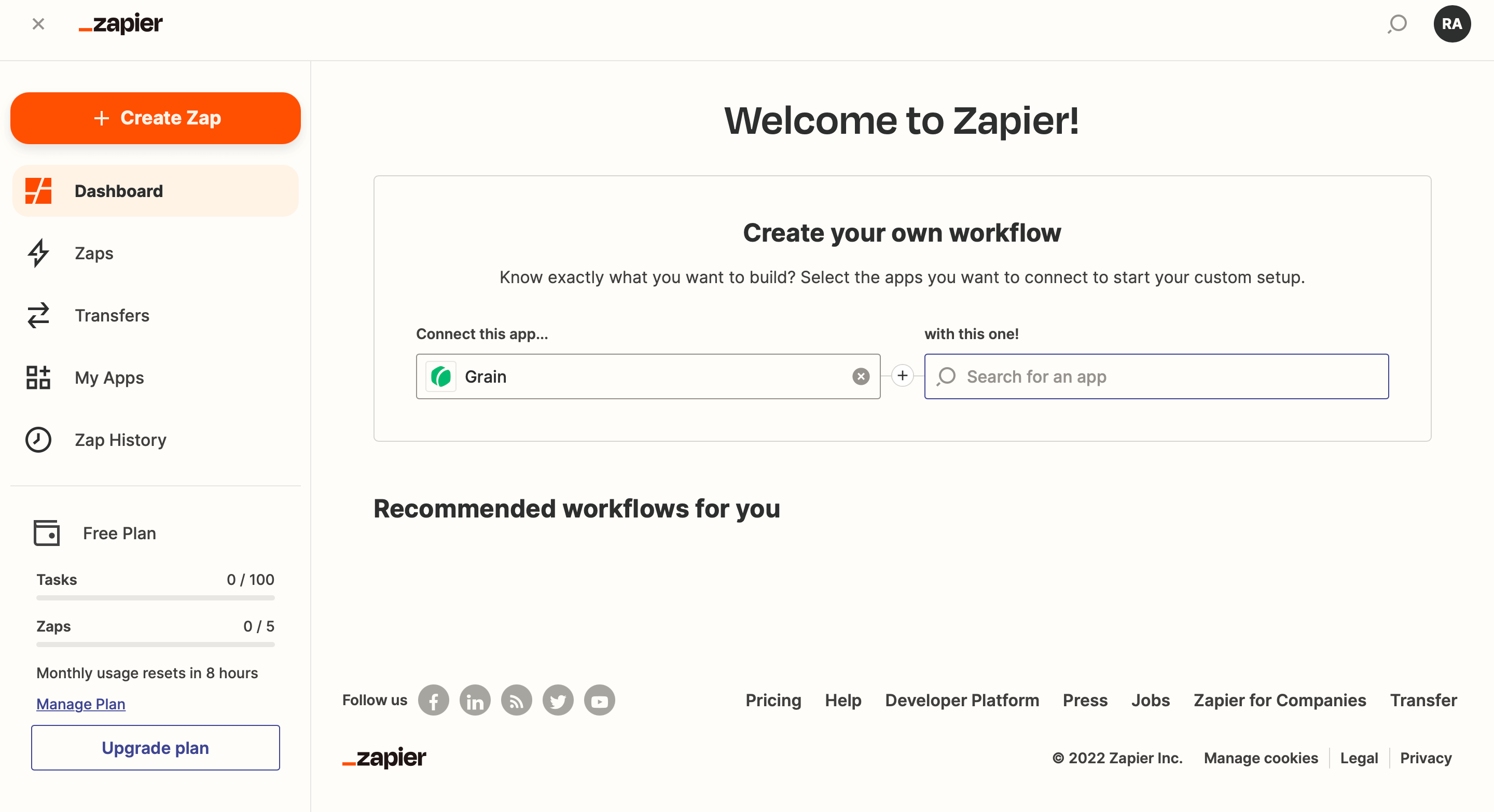 The "Create your own workflow" section on the Zapier dashboard